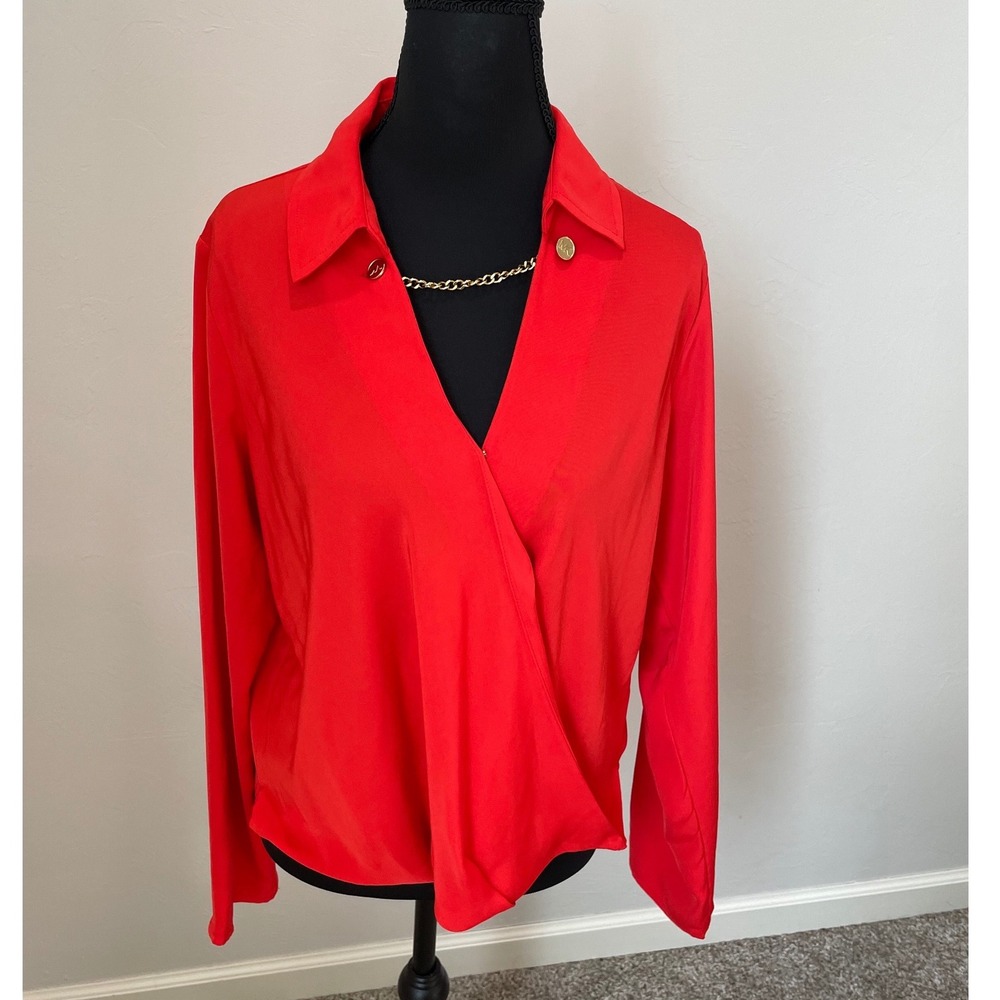 Michael Kors Red Draped Wrap Front Blouse Gold MK Logo Button Long Sleeve Top